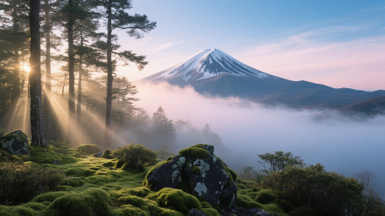 富士山晨雾森林苔藓层次摄影